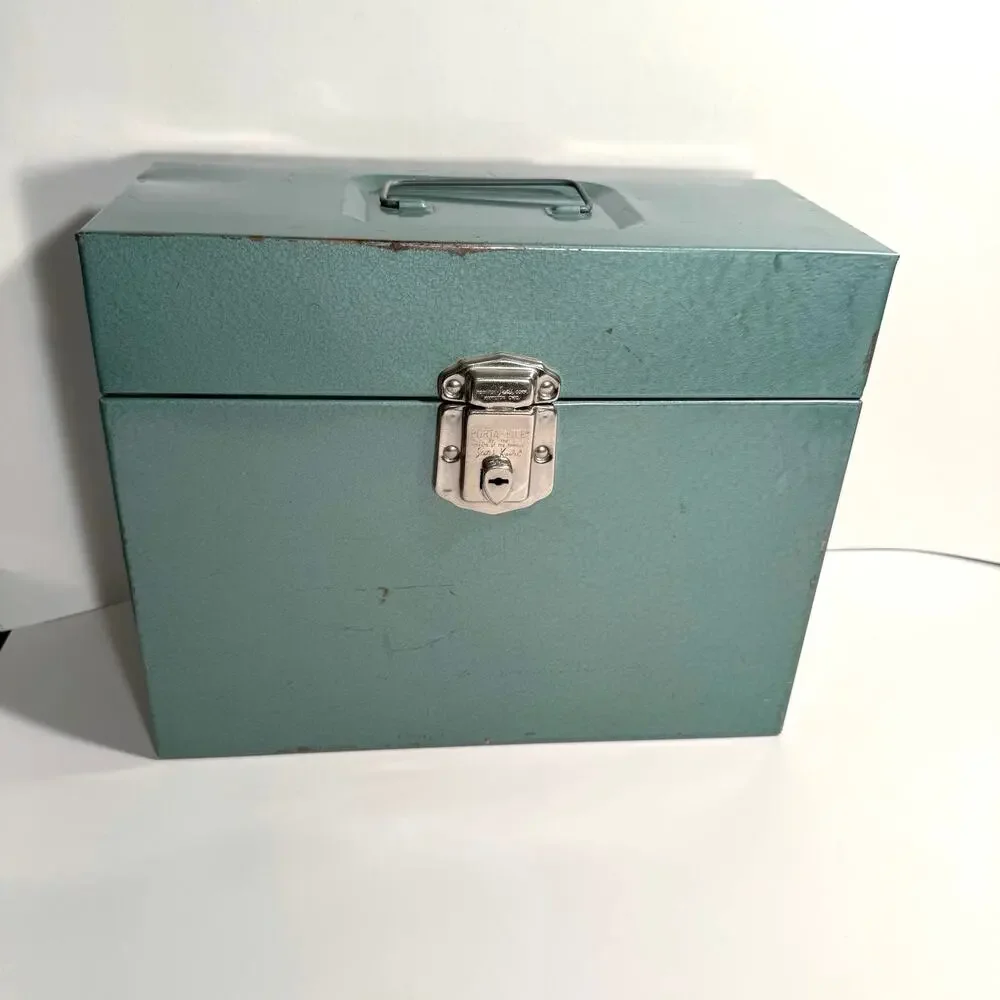 Vintage Metal File Box Hammered Stanley Green 12.5” x 4.5” x 8.5” Latch Handle